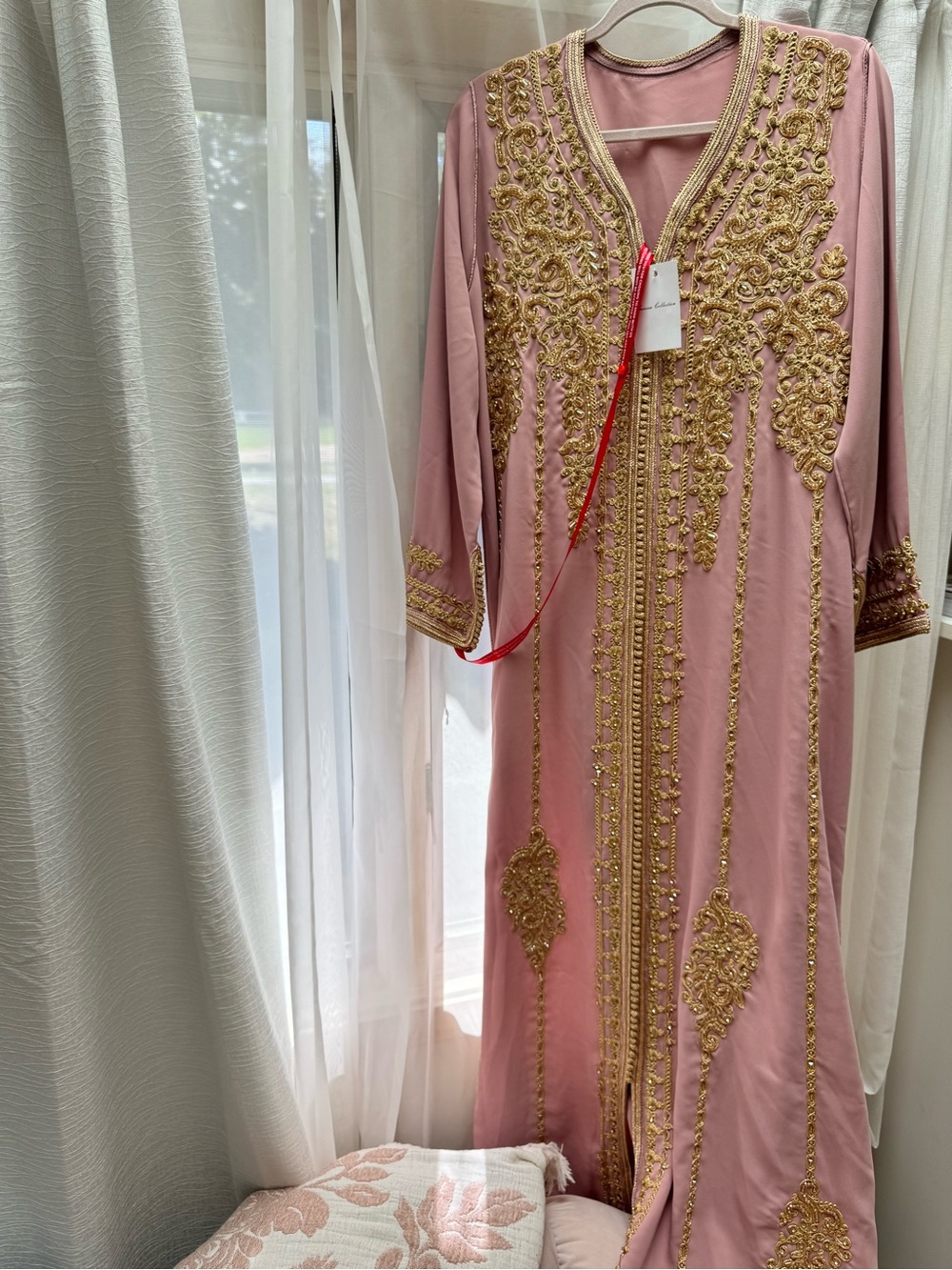 Pink Long Embellished Kaftan Dress with Gold Accents
